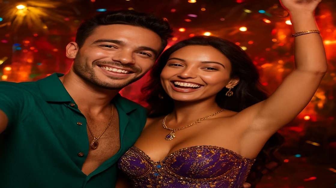 রঙিন কার্নিভাল পোশাকে একটি সুখী ও আকর্ষণীয় যুগল একটি প্রাণবন্ত খোলা উৎসবে উদযাপন করছেন, gt99 game এ একসাথে গেম খেলার মজা, সামাজিকতা ও উত্তেজনাপূর্ণ পরিবেশকে ধারণ করছে।