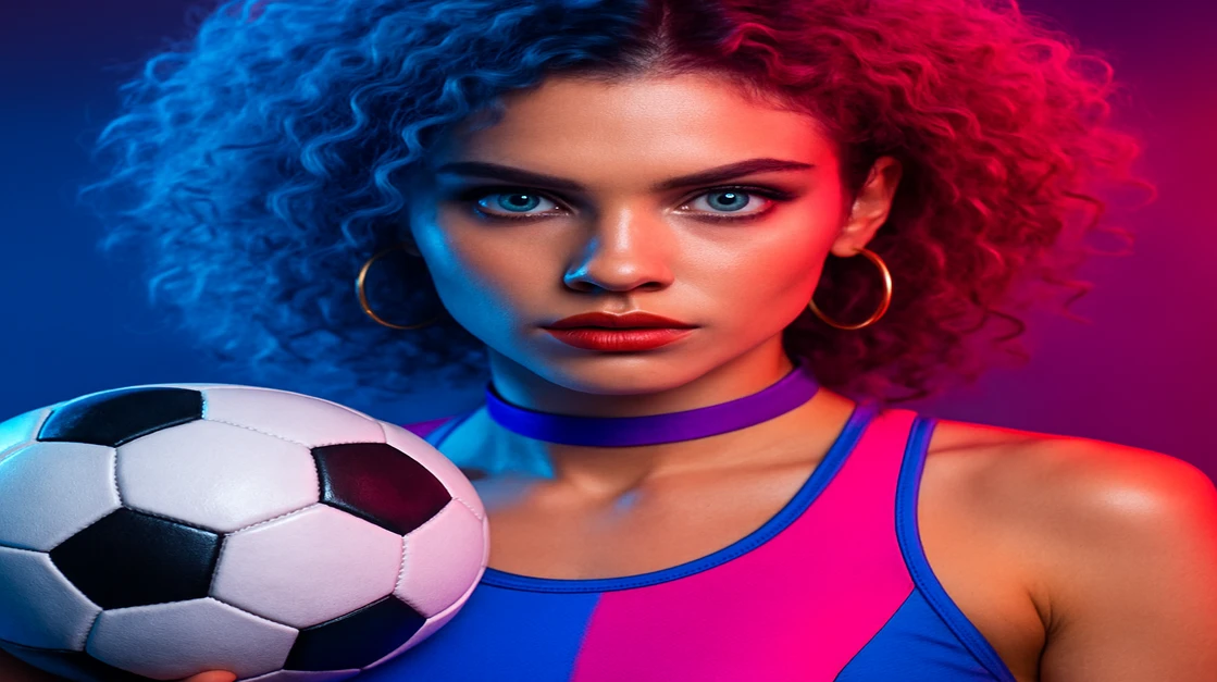 উজ্জ্বল ও স্টাইলিশ এক নারীর নিকট একটি ফুটবল ও একটি স্মার্টফোন ধরা অবস্থায়—লাইভ স্পোর্টস-গেমিংয়ের মজা ও ফ্যাশন-চালিত দিকটি gt99 game অ্যাপের মাধ্যমে দেখা যায়।